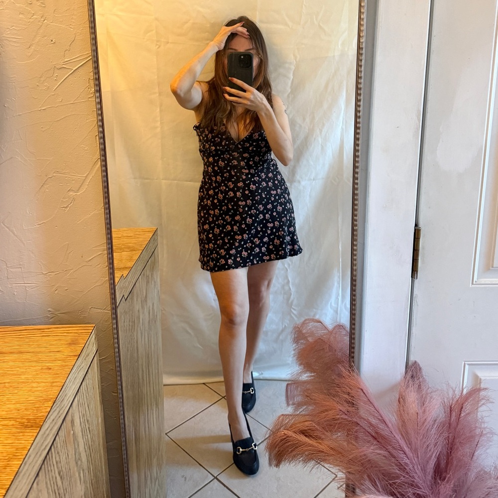 Princess Polly Black Dress with Pink and White Floral Pattern